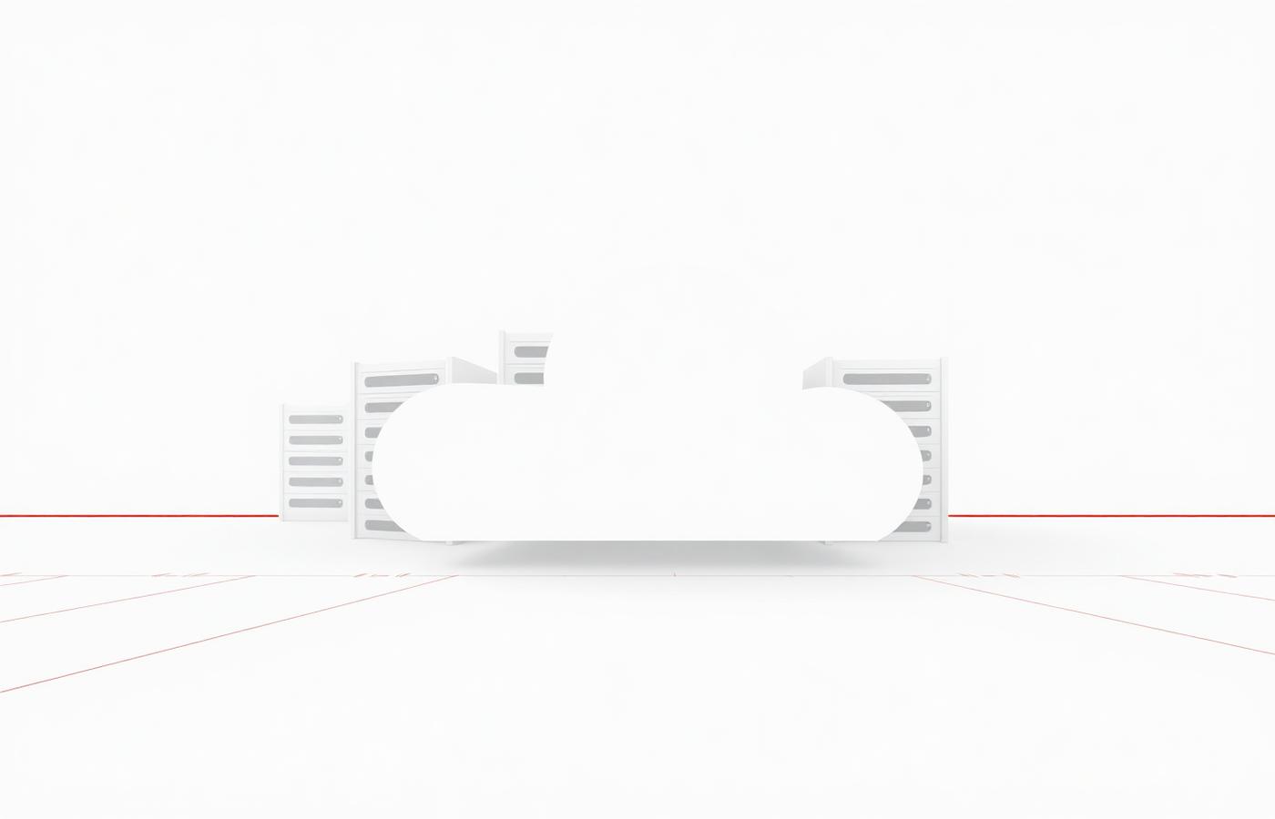 Abstract white render of server racks forming a cloud shape above a fine red grid line