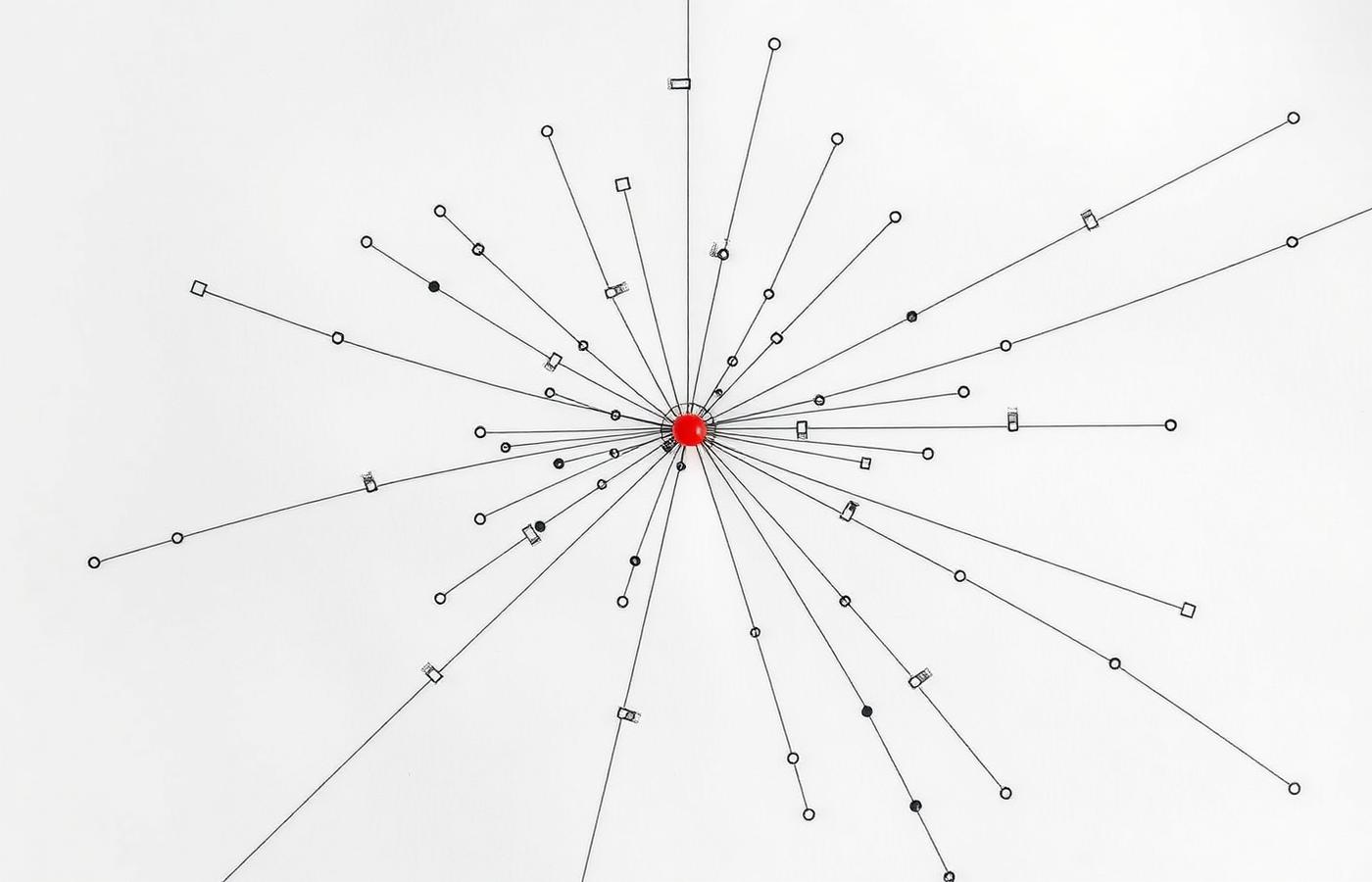 Fine black network of nodes radiating from a single red centre point on white