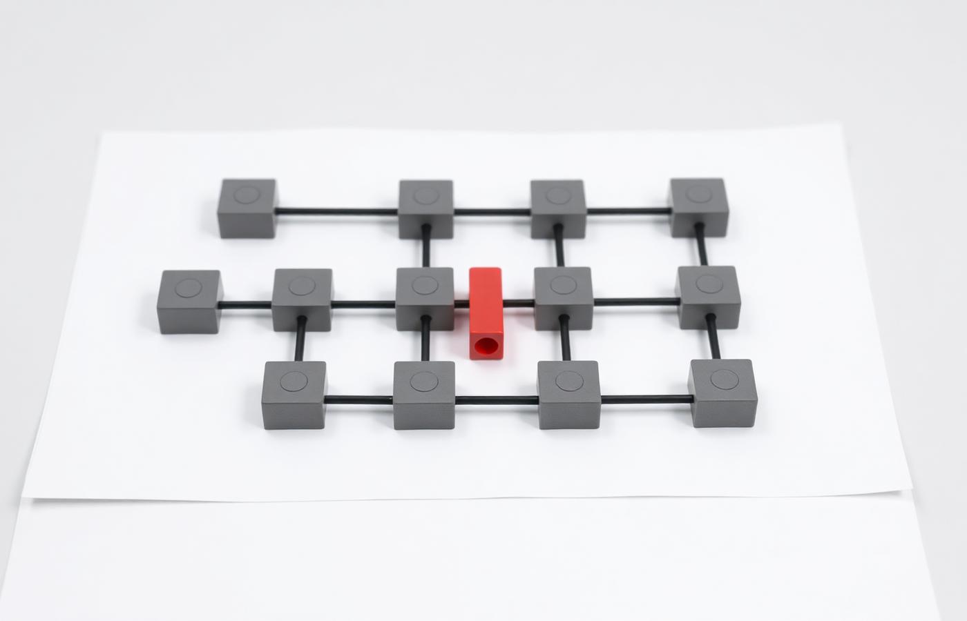 Grey modular blocks connected by black rods with one red connector, representing linked systems