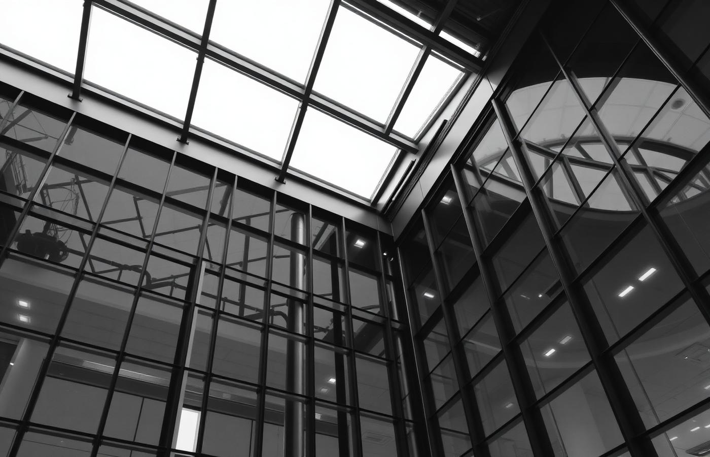 Monochrome view of a steel and glass atrium showing a strict rectangular structural grid